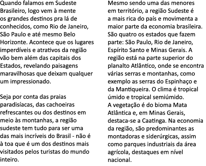 Quando falamos em Sudeste Brasileiro, logo vem   mente os grandes destinos pra l  de conhecidos, como Rio de Janeiro,   